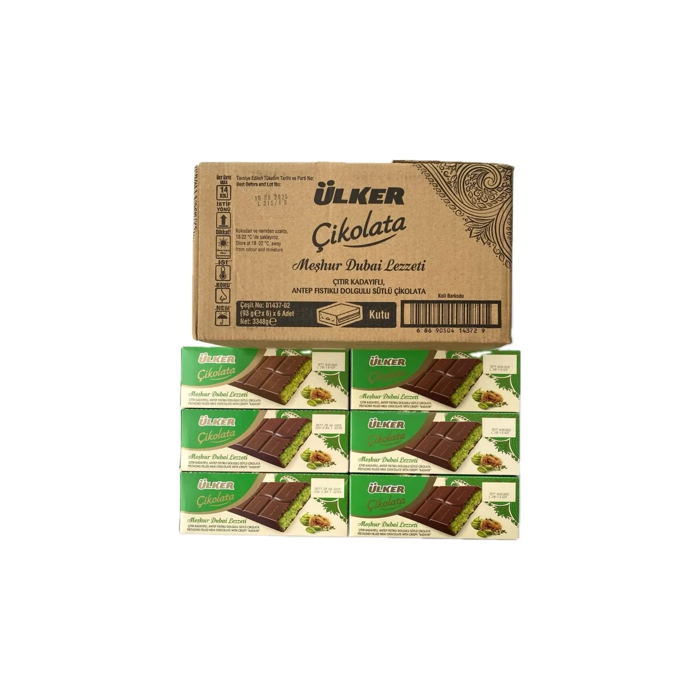 36 Chocolat Dubai Ulker - Tablette 93G Fourree Pistache & Kadaif - Lot De 36